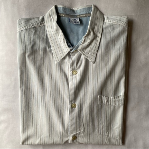 Old Navy White Short Sleeve Button-Up with Light Blue & Brown Pinstripe Sz XXL - Picture 1 of 9